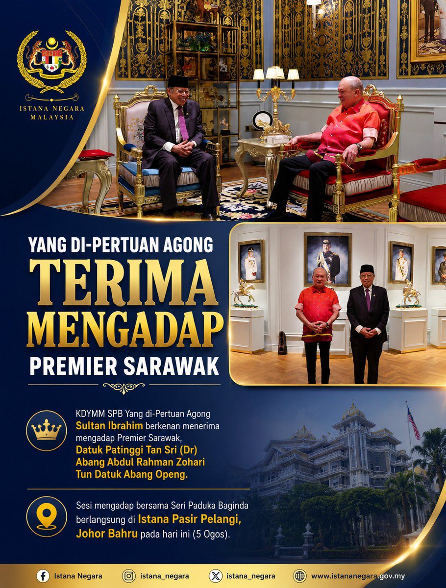 DeeNizars's tweet photo. YANG DI-PERTUAN AGONG TERIMA MENGADAP PREMIER SARAWAK

Pertemuan ini mencerminkan hubungan erat antara Institusi Diraja dan kepimpinan negeri dalam memperkukuh kerjasama demi kemajuan negara.

#IstanaNegara #Sarawak https://t.co/FvSg83e8Rs