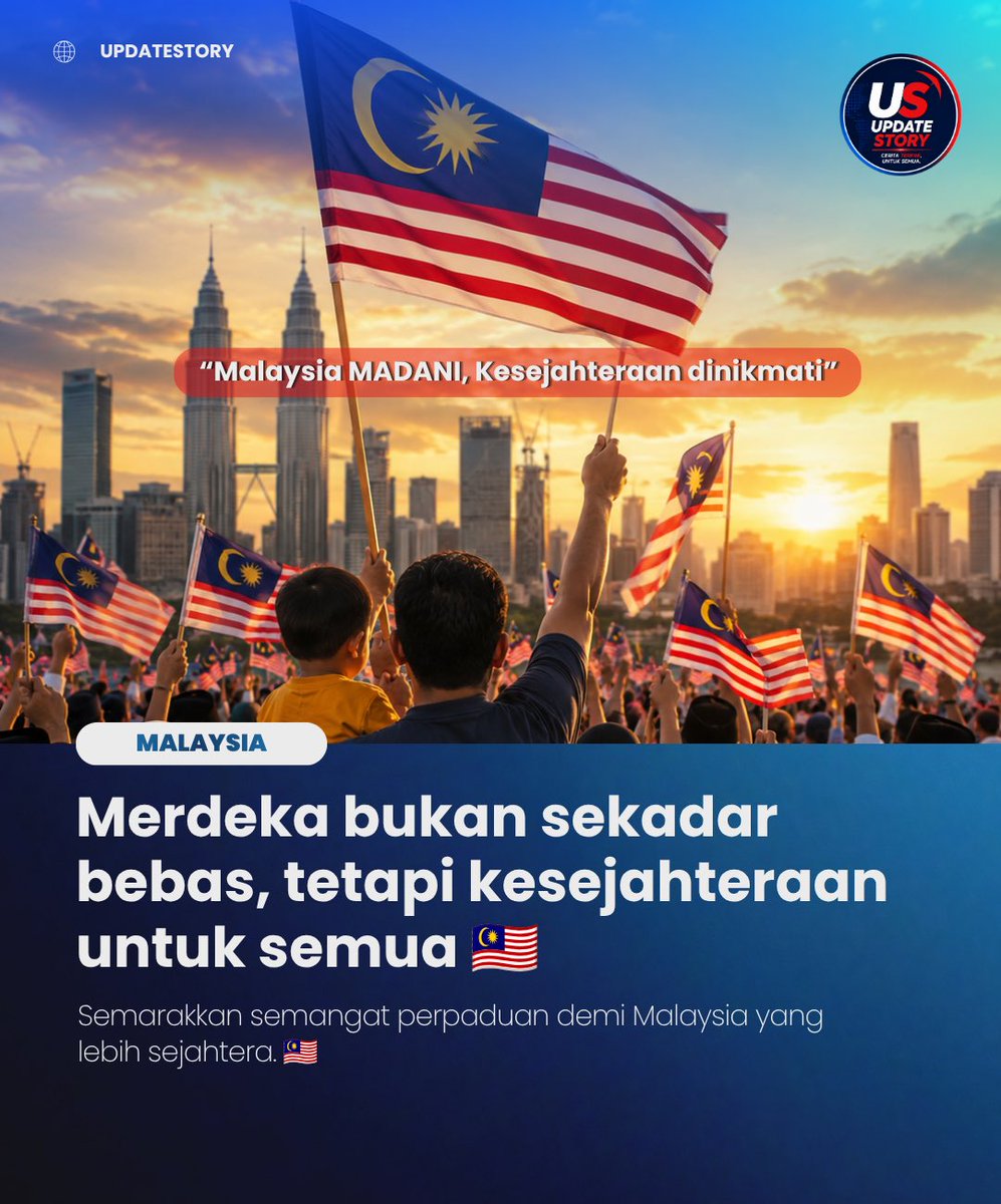 UpdateStory26's tweet photo. Kemerdekaan bukan sekadar bebas daripada penjajahan, tetapi memastikan setiap rakyat menikmati keamanan, peluang yang adil dan kemajuan bersama. Semarakkan semangat perpaduan demi Malaysia yang lebih sejahtera. 🇲🇾

#MalaysiaMADANI #KesejahteraanDinikmati #Merdeka #Malaysia https://t.co/EH9avL2zFX