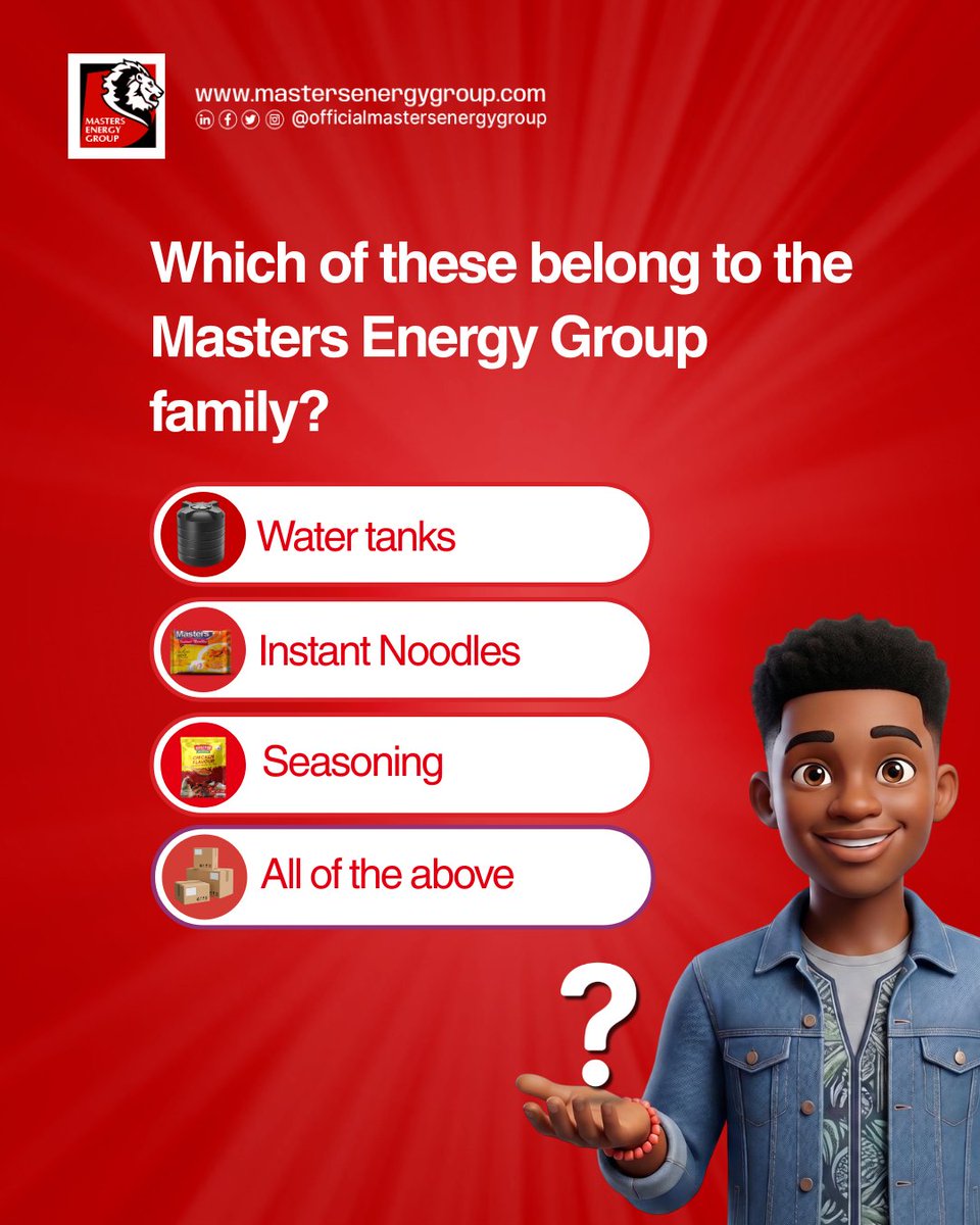 masters_energy's tweet photo. Which of these products belongs to the Masters Energy Group family?
A. Water tanks
B. Instant noodles
C. Seasoning
D. All of the above
Drop your answer before reading the comments.
#mastersenergygroup #watertanks #mastersinstantnoodles #mastersseasoning https://t.co/uHEvlde8zK
