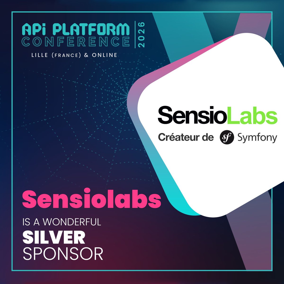 ApiPlatform's tweet photo. We're glad to count on @SensioLabs, the company behind Symfony, as a Silver Sponsor of #APIPlatformCon 2026. Three of their team, Mathieu Santostefano, Benjamin Georgeault and Imen Ezzine, will be speaking. Late Bird tickets: https://t.co/gmAeEZCccL https://t.co/BbFOXdLctd