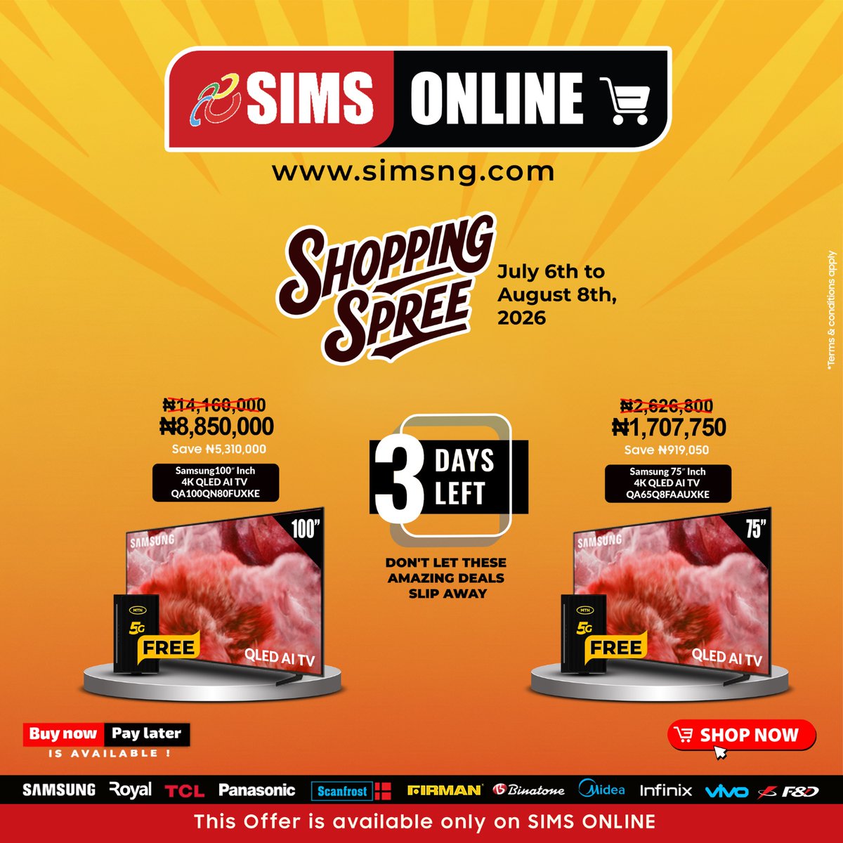 SimsNigeria's tweet photo. Tick... Tick... Tick... ⏰
⠀
Only 3 DAYS LEFT to enjoy amazing discounts at the SIMS Online Shopping Spree! 🤩
⠀
🛒 Shop now at https://t.co/RHdfXW0WGo before the deals disappear!
#SIMSNigeria #Electronics #DiscountOffer #3DayToGo https://t.co/TicrEU7QJV