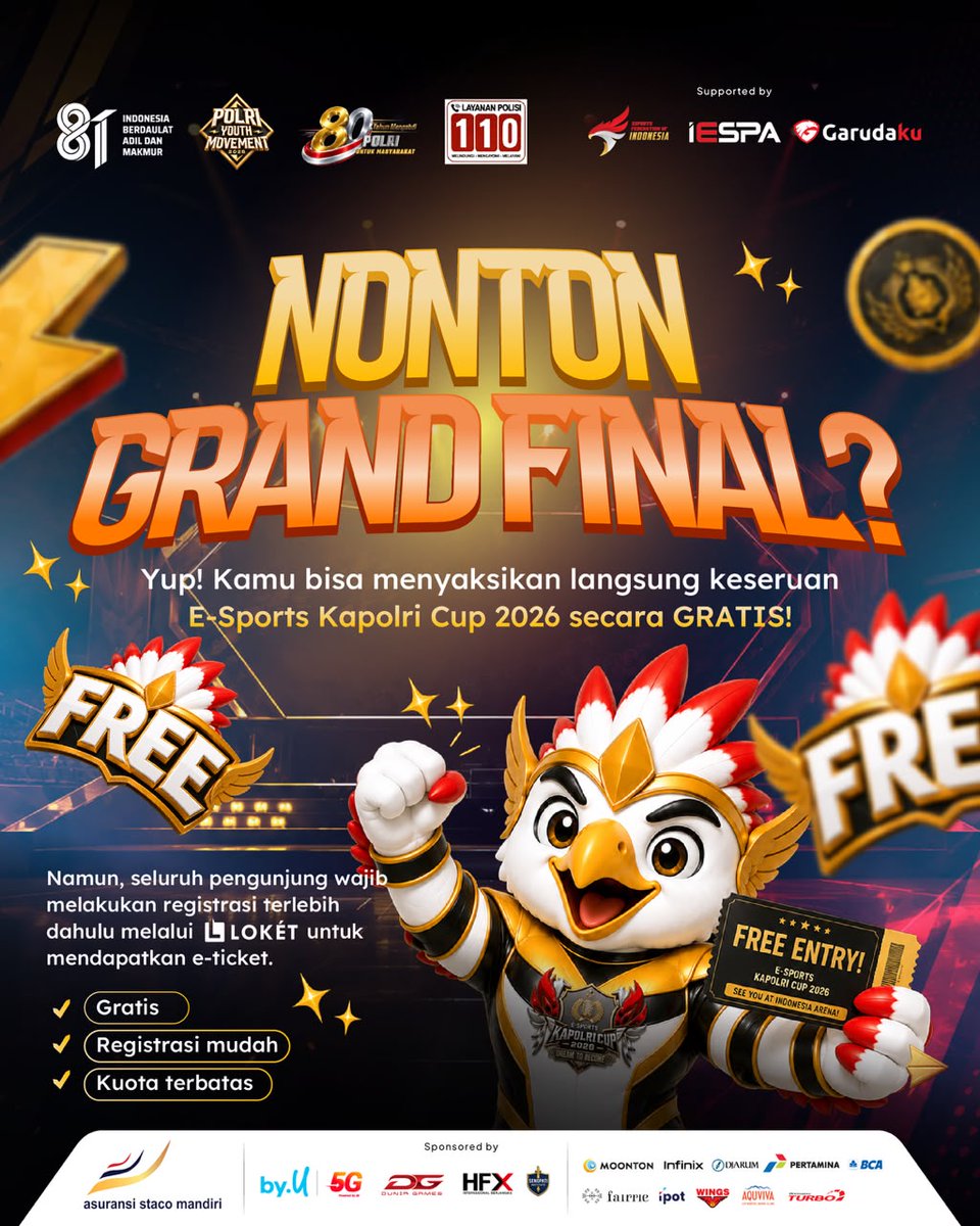 cozydream925's tweet photo. 🎟️ Mau nonton langsung Grand Final E-Sports Kapolri Cup 2026? GRATIS!

Kamu bisa menyaksikan seluruh keseruan pertandingan secara langsung di Indonesia Arena, tanpa dipungut biaya. https://t.co/PkimTKXLkJ