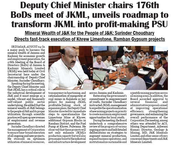 NewspointjK's tweet photo. Deputy Chief Minister chairs 176th BoDs meet of JKML, unveils roadmap to transform JKML into profit-making PSU
@Surinderch55 @JKNC_ 

#SurinderChoudhary #JKML #JammuKashmir #Mining #Khrew #Ramban #Gypsum #Limestone #Development #GovernmentUpdate #BreakingNews https://t.co/9i1zbek0dE