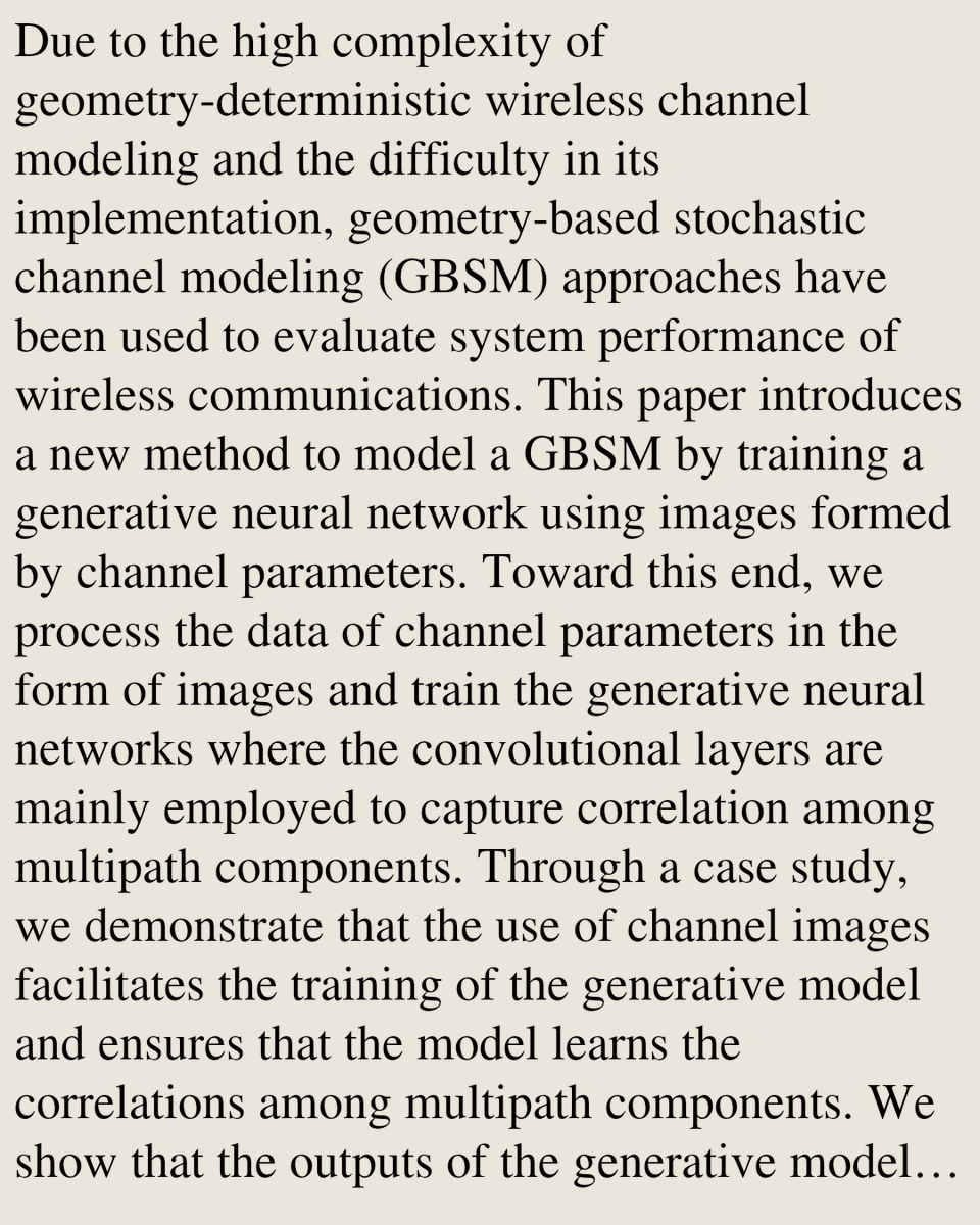 SignalPapers's tweet photo. A Geometry-based Stochastic Wireless Channel Model using Generative Neural Networks

Seongjoon Kang
https://t.co/Te5KivXqrb [𝚎𝚎𝚜𝚜.𝚂𝙿]
💬Code: https://t.co/Gip760k16v https://t.co/zbdnWxMTZh