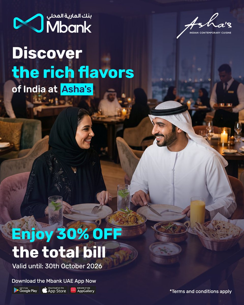 almaryahbank's tweet photo. تجربتك القادمة لتناول الطعام أصبحت أكثر تميزاً. ✨
استمتع بخصم 30% على إجمالي فاتورتك لدى Asha's مع برنامج لايف ستايل من بنك المارية المحلي.
العرض ساري حتى 30 أكتوبر.

*تطبق الشروط والأحكام. 

Your next dining experience just got more rewarding.✨
Enjoy 30% OFF your total bill at Asha's with Mbank Lifestyle Club.
Offer valid until 30 October.

*Terms and Conditions apply. 

#MbankUAE #BankOnUs #DigitalBank