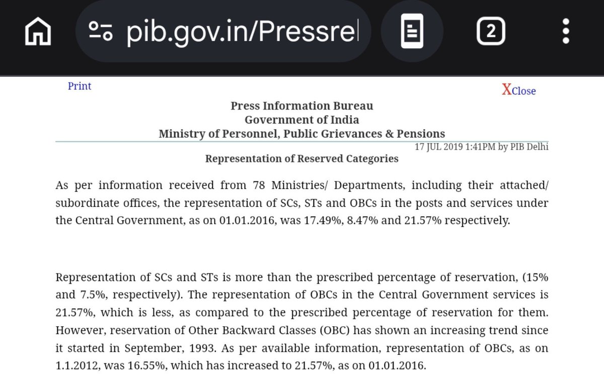 natkhat's tweet photo. Representation of sc st obc in government jobs is more than the prescribed limit. SC ST OBC are now privileged class . End reservations. https://t.co/UfGUiphzak