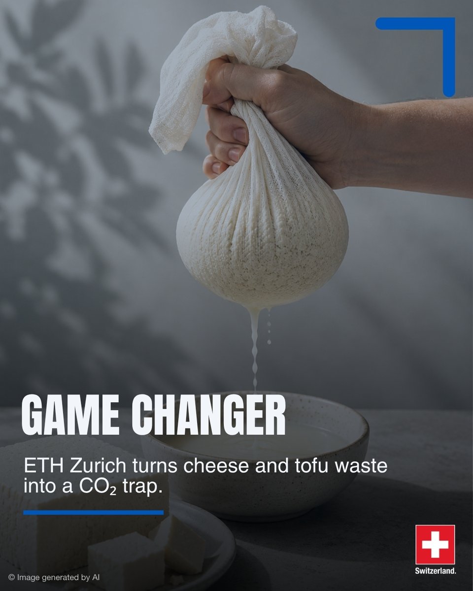 SwissEmbassyIND's tweet photo. 🧀From cheese and tofu waste to cleaner air.

That's the new #innovation from @ETH Zurich, where #researchers have developed a carbon capture method using food by-products. 

Another reason why it ranks among the global top 10 in @worlduniranking.🏆

https://t.co/36NETwriXC

#ETH https://t.co/rXdwdGJ0Rn
