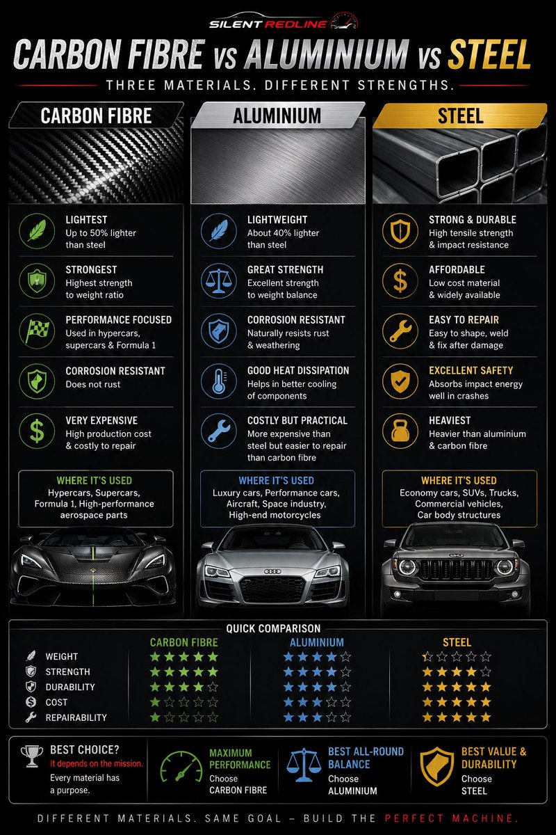 SilentRedline's tweet photo. ⚙️ Carbon Fibre vs Aluminium vs Steel

🖤 Carbon Fibre: Lightest &amp; strongest for peak performance.
⚪ Aluminium: Lightweight, corrosion-resistant &amp; well-balanced.
⚫ Steel: Tough, affordable &amp; built for durability.

#CarTech #PerformanceCars https://t.co/2sGfg2KpWG
