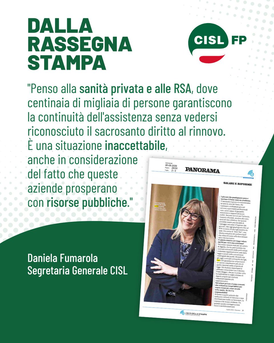 cislfp's tweet photo. Nell'intervista a Panorama, la Segretaria Generale CISL Daniela Fumarola definisce "inaccettabile" il mancato rinnovo dei contratti della sanità privata e delle RSA, scaduti da 8 e 14 anni. Un sostegno chiaro alla battaglia della CISL FP. https://t.co/EYLhONbzKI