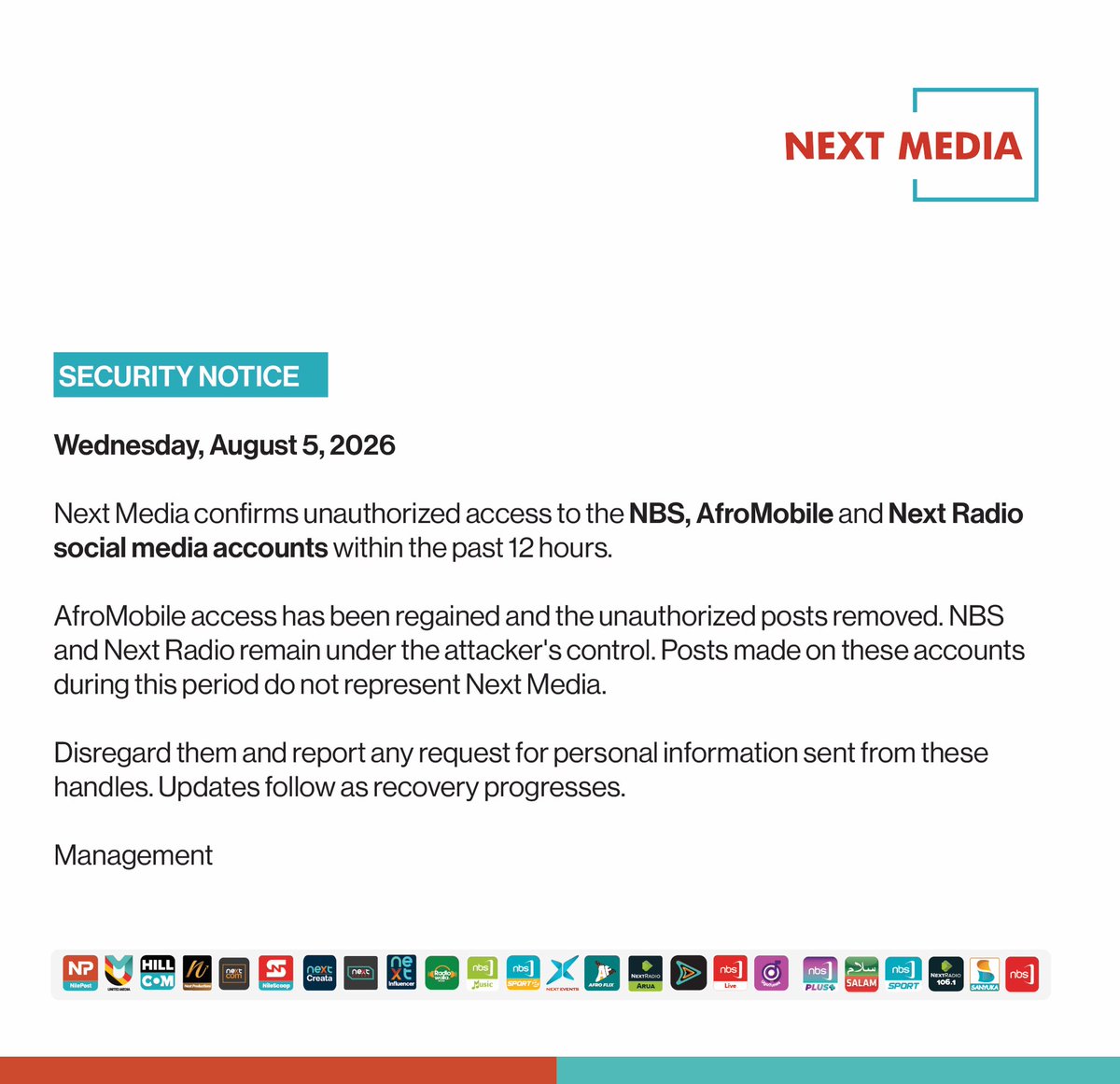 nextmediaug's tweet photo. Official security notice regarding unauthorised access to some of our social media accounts.

#NextMediaUG https://t.co/oJk1MkC7oQ