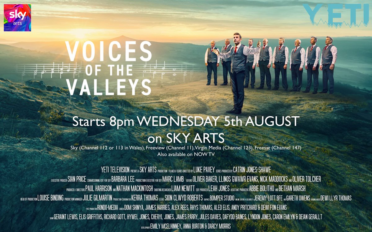 WeAreYetiMedia's tweet photo. Starting tonight at 8pm on Sky Arts - a 3 part premium documentary series “Voices of the Valleys”. Heartwarming, raw, glorious - and male voice choir singing to give you goosebumps! https://t.co/V7X3jrnmUS