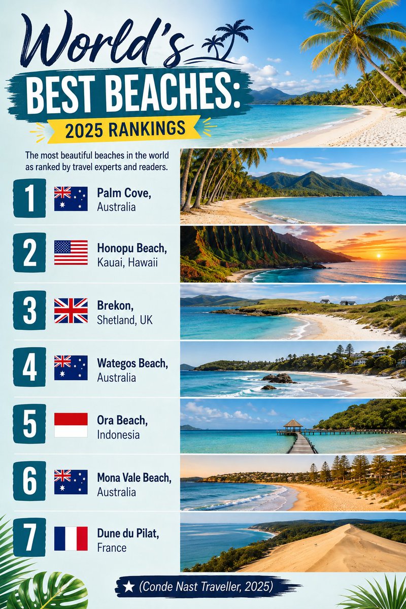 PlanetCount's tweet photo. World's Best Beaches:

1. 🇦🇺 Palm Cove, Australia
2. 🇺🇸 Honopu Beach, Kauai, Hawaii
3. 🇬🇧 Brekon, Shetland, UK
4. 🇦🇺 Wategos Beach, Australia
5. 🇮🇩 Ora Beach, Indonesia
6. 🇦🇺 Mona Vale Beach, Australia
7. 🇫🇷 Dune du Pilat, France

(Conde Nast Traveller, 2025) https://t.co/umFRx2TmQO