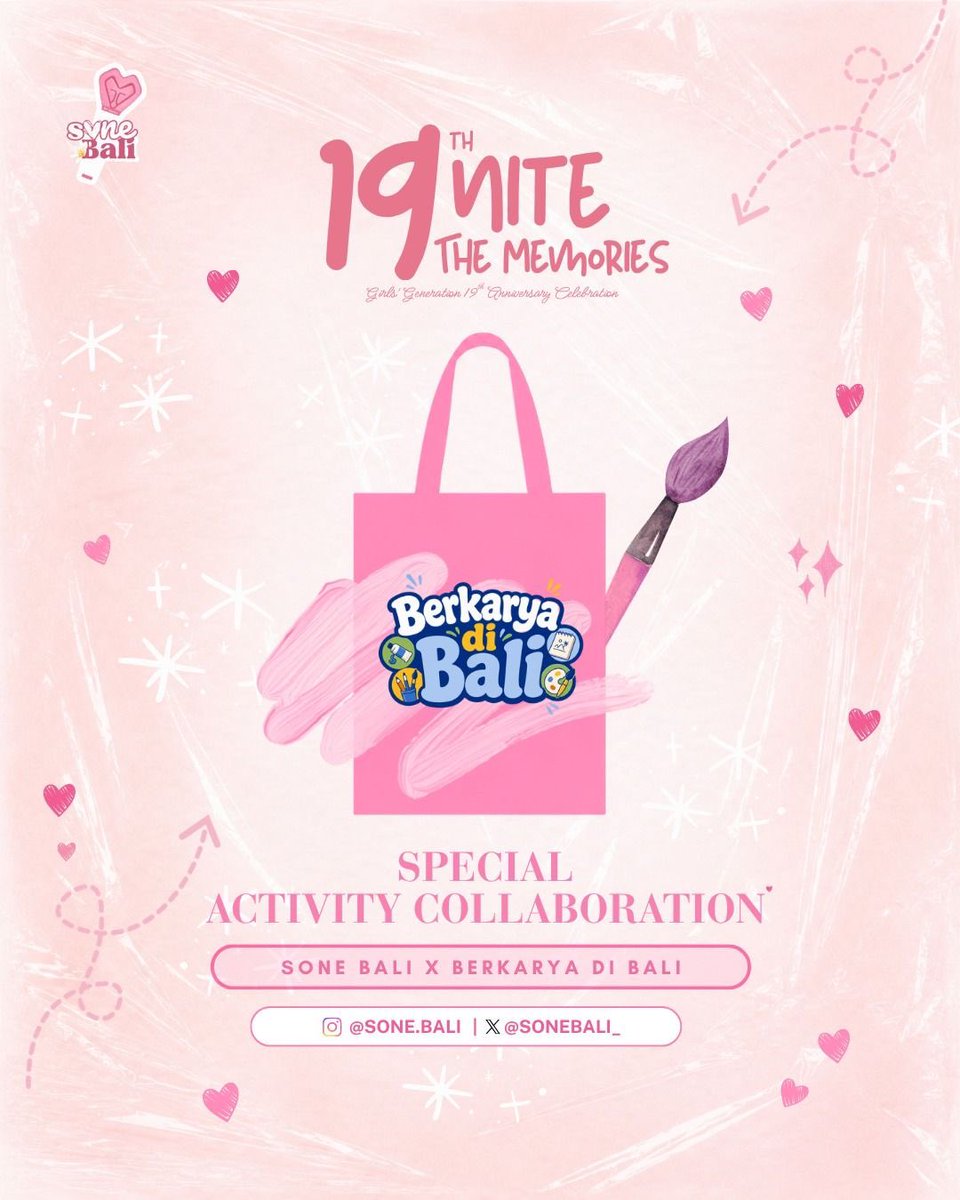 YoungOnesINA's tweet photo. Ada yang spesial nih di rangkaian acara #19niteTheMemories! 🎨✨

​Sone Bali x Berkarya di Bali bakal ngadaain Totebag Painting Activity, plus merchandise spesial bareng Soarine Things yang rilis 15 Agustus nanti! 🎁💖

​Stay tuned terus ya! 👀🔥
​#SoneBali #SNSD https://t.co/LVo3E7NZxe