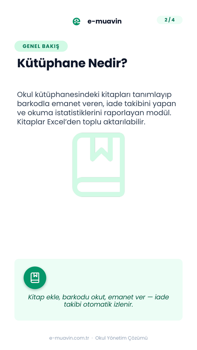 e_muavin's tweet photo. Kütüphane defterini kapatın. 📖

Excel'den toplu kitap aktarımı, barkodlu emanet–iade, otomatik gecikme takibi ve "En Çok Okuyanlar" dâhil 9 hazır rapor.

🎁 HOSGELDIN100 kuponuyla %100 indirim
💳 Kredi kartı gerekmez

👉 https://t.co/16l24LzIhY https://t.co/PrhzKeFvJb