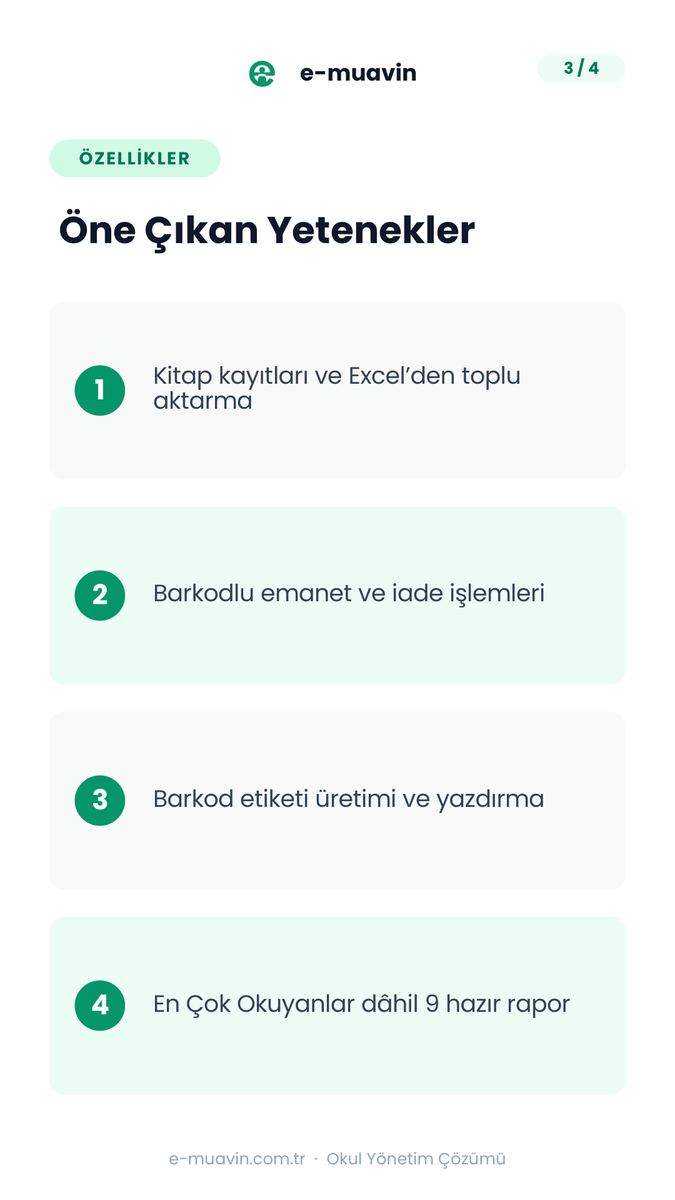 e_muavin's tweet photo. Kütüphane defterini kapatın. 📖

Excel'den toplu kitap aktarımı, barkodlu emanet–iade, otomatik gecikme takibi ve "En Çok Okuyanlar" dâhil 9 hazır rapor.

🎁 HOSGELDIN100 kuponuyla %100 indirim
💳 Kredi kartı gerekmez

👉 https://t.co/16l24LzIhY https://t.co/PrhzKeFvJb