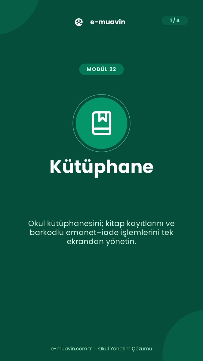 e_muavin's tweet photo. Kütüphane defterini kapatın. 📖

Excel'den toplu kitap aktarımı, barkodlu emanet–iade, otomatik gecikme takibi ve "En Çok Okuyanlar" dâhil 9 hazır rapor.

🎁 HOSGELDIN100 kuponuyla %100 indirim
💳 Kredi kartı gerekmez

👉 https://t.co/16l24LzIhY https://t.co/PrhzKeFvJb