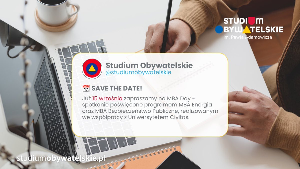 StudiumObywatel's tweet photo. 📅 SAVE THE DATE!

Już we wrześniu zapraszamy na MBA Day – spotkanie poświęcone programom MBA Energia oraz MBA Bezpieczeństwo Publiczne. 

Więcej szczegółów już wkrótce!

📌 Zapisz datę w kalendarzu i bądź z nami:
15.09.2026 | godz. 18:00

#SOPA #MBADay #MBA @Uni_Civitas https://t.co/R4toEI11fQ