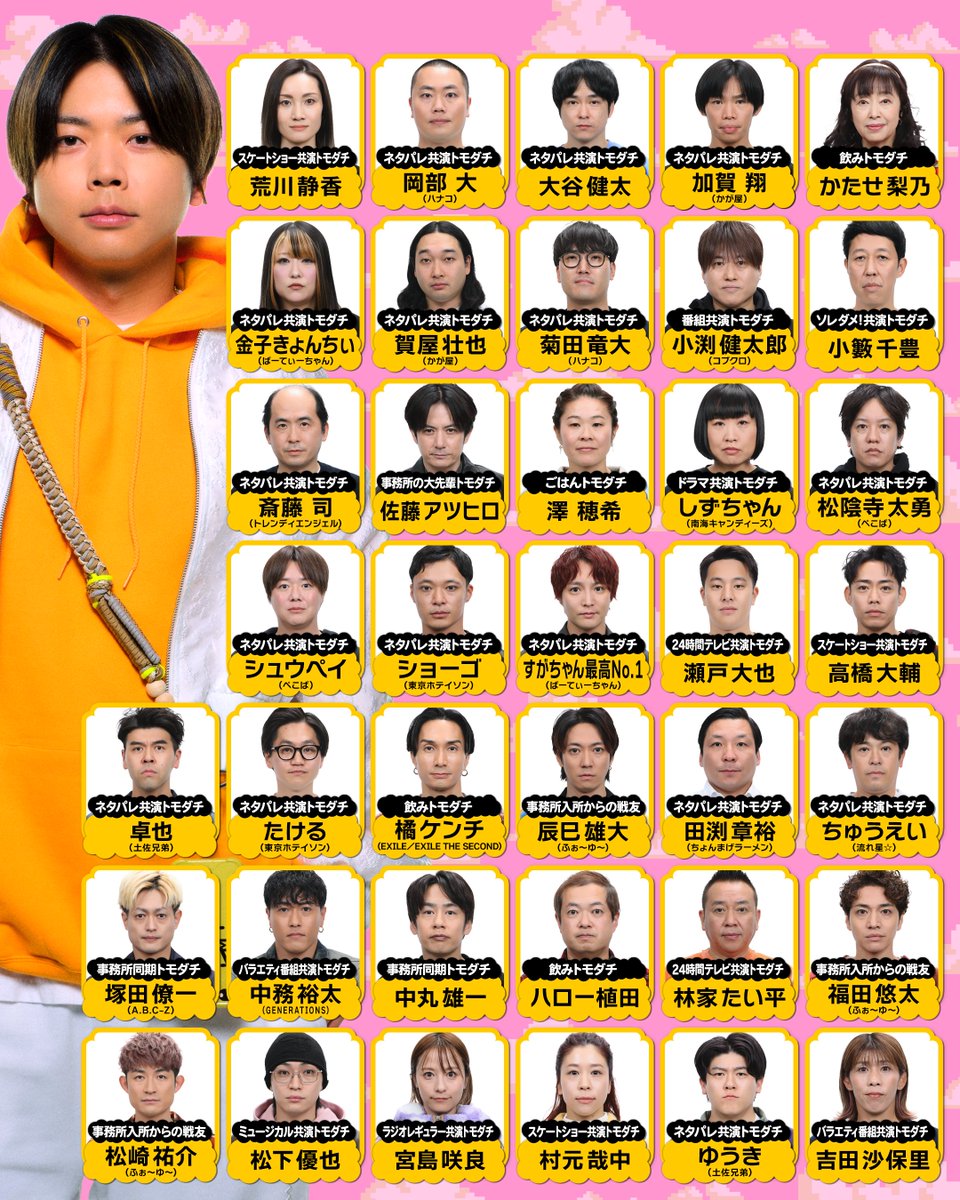 PrimeVideo_JP's tweet photo. トモダチリスト全公開

#ベッキー チーム：異業種
#長谷川忍 チーム：芸人・アイドル
#増田貴久 チーム：アスリート

体力・頭脳・度胸 どのチームが強い？

8月28日(金) より #プライムビデオ で独占配信開始

#トモダチ100人よべるかな2 https://t.co/xX4nMtXChT