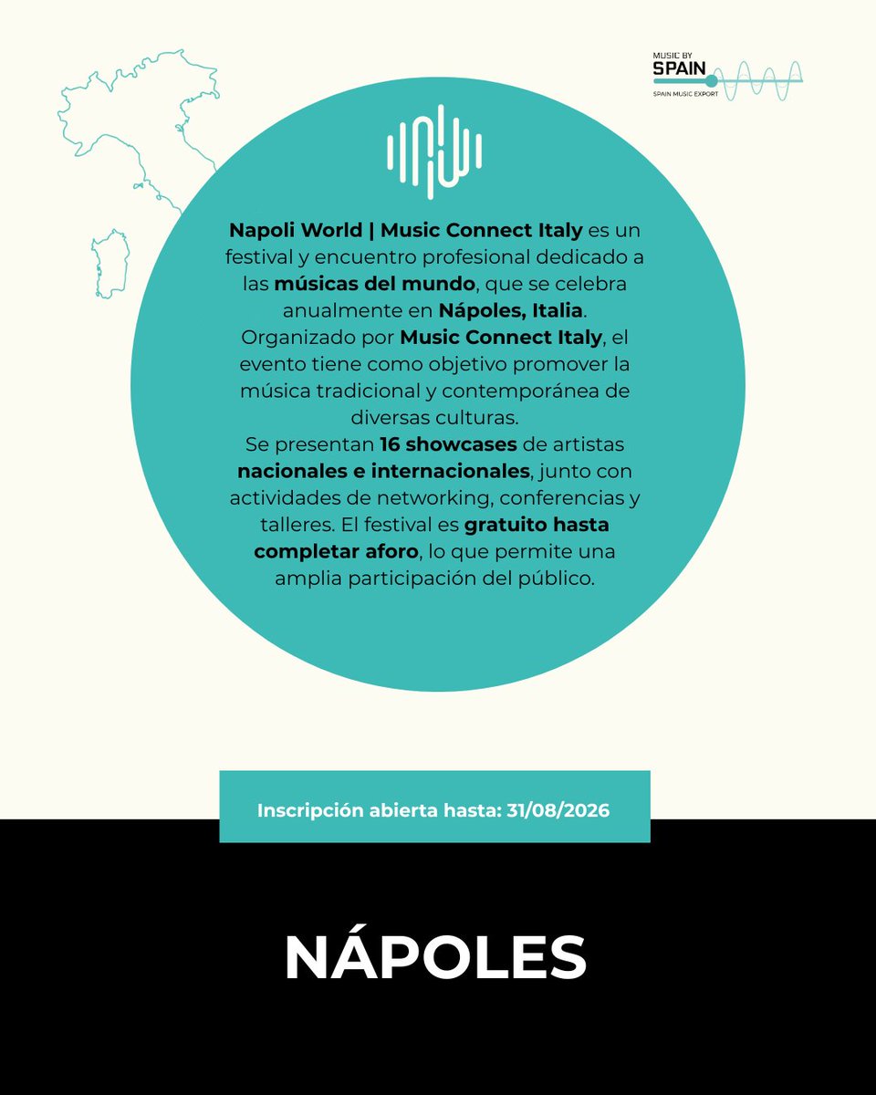 musicbyspain's tweet photo. 🔒 CONVOCATORIA ABIERTA

 ¿Quieres llevar tu música a Italia? 🇮🇹 

Ya está abierta la convocatoria para Napoli World | Music Connect Italy, el festival y encuentro profesional que reúne a artistas y profesionales de la industria musical en Nápoles. https://t.co/RAfivTXTaL