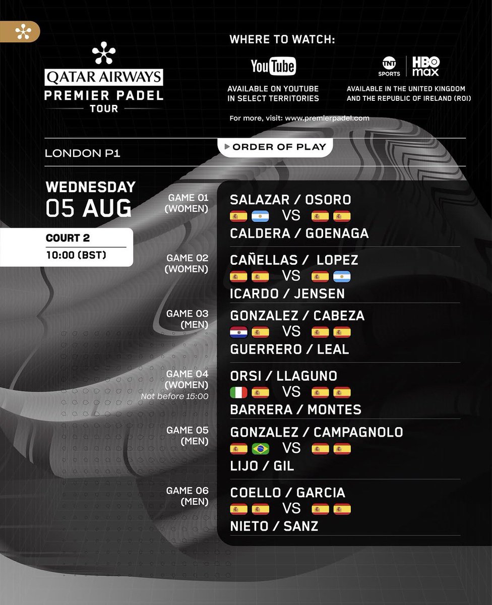 marinainfopadel's tweet photo. ⏰ORDEN DE JUEGO PARA LA JORNADA DE HOY⏰🇬🇧🇬🇧

Hoy podremos ver partidos en las cuatro pistasss! En la central habrá 7 partidos 🙌🏼🙌🏼🇬🇧🇬🇧 
Y debutan las cabezas de serie del cuadro masculino 🎾

⌚️Comienza a las 11:00 h 🇪🇸 la actividad en las cuatro pistas 🙌🏼

⭐️Salazar/Osoro🆚Caldera/Goenaga (pista 2) 

⭐️Rodriguez/Dal Pozzo🆚Ortega/Araujo (pista central) 

⌚️No antes de las 16:30 h 🇪🇸 habrá dos partidos en el que juegan Yanguas y Stupa y por otro lado Chingalan ! 

⌚️Y no antes de las 20:30 h 🇪🇸se jugarán los dos últimos partidos de la jornada en la central. 

Os dejo abajo todos los enfrentamientos 🎾

#LondonPremierPadelP1 #PremierPadel