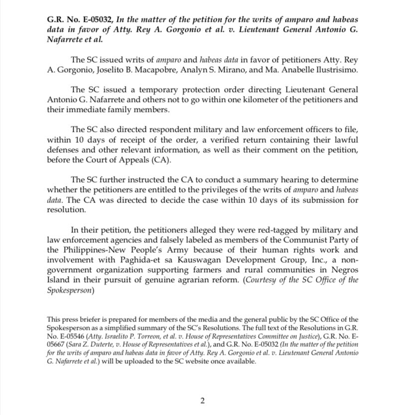 leanbustillos_'s tweet photo. KORTE SUPREMA, NAGLABAS NG TPO LABAN SA AFP CHIEF PARA SA UMANO’Y RED-TAGGING

TINGNAN: Naglabas ang Korte Suprema ng writs of amparo at habeas data para sa apat na human rights advocates na nagsabing nakararanas umano ng red-tagging mula sa militar at law enforcement agencies. https://t.co/NlUMsVWiSJ