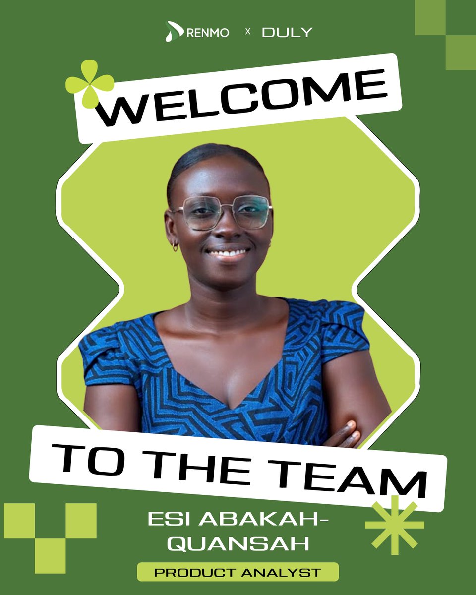 RenmoHomes's tweet photo. π RENMO x DULY | Growing the team. Growing the mission. ππ¬π
A huge welcome to our brand new Product Analyst β
β¨ Esi Abakah-Quansah! β¨
Brilliant mind. Right team. Right moment. πͺπΎπ₯
The Renmo x Duly family just levelled UP! ππ
#Renmo #RenmoxDuly #WelcomeToTheTeam https://t.co/ywXkzl0jWi