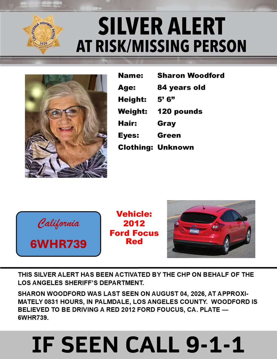 CHPAlerts's tweet photo. SILVER ALERT - Los Angeles County
Last seen: Grandview Drive and Lonsdale Court, Palmdale
@LASDHQ

IF SEEN, CALL 9-1-1 https://t.co/ySDRvT7CQd