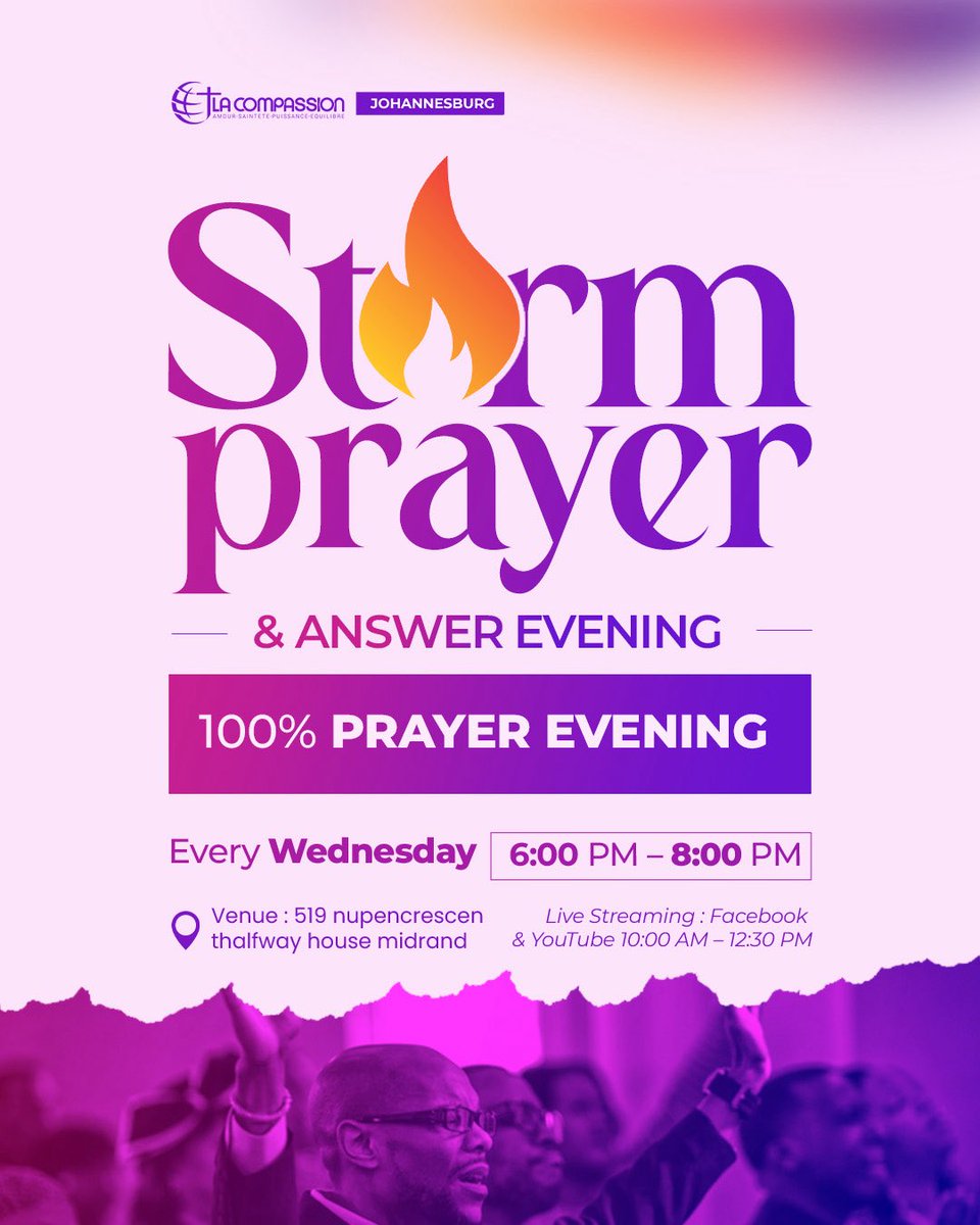 antoniolumeku's tweet photo. π₯ STORM PRAYER & ANSWER EVENING π₯
THEME: THE GOD WHO SEES, SEE ME (Genesis 16:13) PART 2.
π
Wednesday, July 29, 2026
π Time: 6:00 PM β 8:00 PM
π Speaker: Ps. Antonio Lumeku
π Venue: 519 Nupen Crescent
Halfway House, Midrand
#StormPrayer #SeeMe #ElRoi #PrayerWorks#LaCompassionJohannesburg