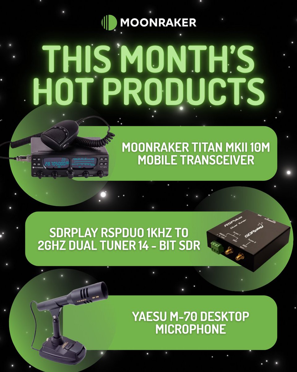 moonrakerukltd's tweet photo. This Month's Hot Products 📡

The Yaesu M-70, SDRplay RSPduo and Moonraker Titan MKII are proving popular this month. Whether you're upgrading station audio, exploring SDR or adding 10m mobile capability, they're worth a look.

#Moonraker #HamRadio #RadioGear https://t.co/aTEfrWmk0b