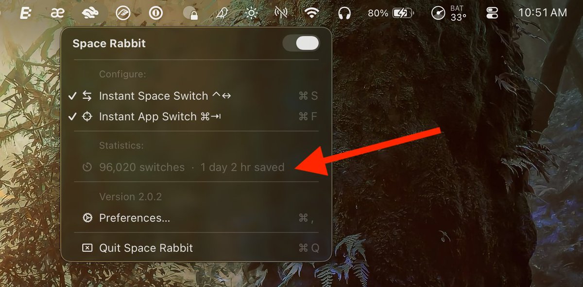 valeriansaliou's tweet photo. I'm using macOS for more than 14 years now, in a single laptop screen setup with lots of windows open, and I'm using macOS spaces everyday to organize my windows. Switching between spaces is easy: I hit CTRL+arrow left/right, it takes no time. What takes time however, is this macOS-native transition animation that takes a bit less than 1 second, for every single space switch.

I've checked everywhere in macOS settings, asked friends with the same problem, and there's just no setting to disable this effect (even with Reduced Motion ON in Accessibility settings).

This UX choice from Apple alone costs me days of my time every year, as I'm working non-stop on my SaaS business for 10h a day 5-6 days a week (Crisp for those who know about it!).

I calculated that with my daily use of macOS spaces, in 6 months I'd perform 100,000 switches, which costs me the same in seconds waiting for the transition to complete. This represents almost 28 hours waiting. In 1 year, I'd have lost 2.4 days just... waiting!

The Hack

Fortunately, some other open-source projects discovered a hack not so long ago, which allows disabling the transition when switching spaces: it involves sending to the system a "fake" trackpad left/right swipe gesture that's faster than what's expected (faster than what a human can input via the Macbook's trackpad). Above some threshold, macOS just perform the space switch with absolutely no transition.

A friend of mine, @yaeeelglx, made a quick prototype in Objective-C, and it magically worked!

The Solution

So, I asked my friend if we could make it a proper macOS app together, in a beautiful minimalist package, and he said yes!

So, we launched Space Rabbit, a tiny 2MB fully native macOS app, that allows you to optimize macOS spaces for productivity! Space Rabbit is a full rewrite of the initial prototype in modern Swift, with a tray menu bar to configure the app, and a settings window, in a macOS app packaging.

Space Rabbit can be downloaded right here: https://t.co/yqaVqu6Zgm

We just released V2 of the app last week, fixing a ton of little bugs, especially for dual screen setups. It's actively maintained to this day as it's my daily driver.

The app is open-source: https://t.co/REKNNevWDi and will always be free, as it's helping improve our productivity in our daily Web Dev tasks for our main businesses. We'll be happy to implement more features from user requests, if you find this app useful and use it daily!