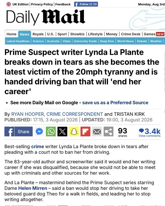 EricEatsPickles's tweet photo. Lynda La Plante's net worth is as much as £30 million.
I think she can afford taxis, or even employ a personal chauffeur, keep her career on track &amp; make the roads she uses immeasurably safer. https://t.co/PH8tYLPhTQ