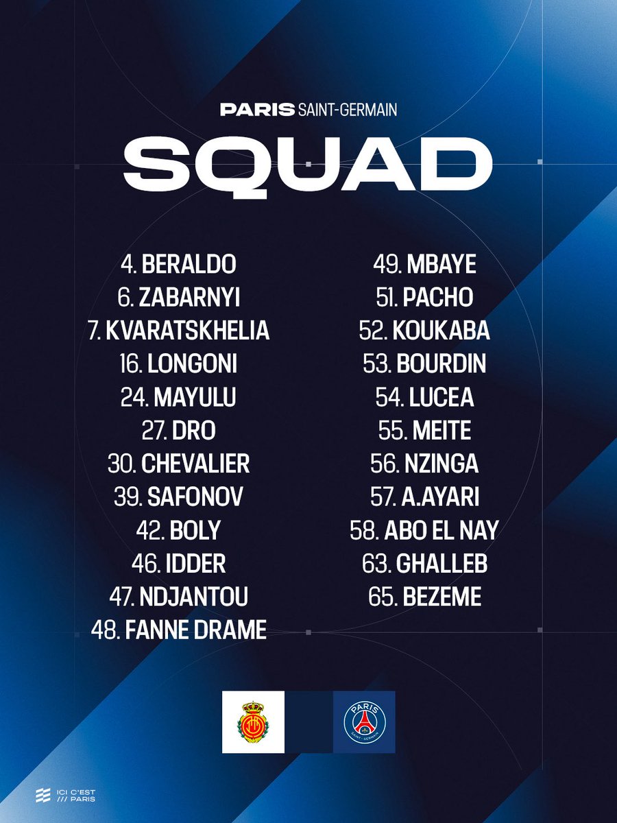ActuFoot_'s tweet photo. 🚨 OFFICIEL ! LE GROUPE DU PSG POUR LE MATCH AMICAL CONTRE MAJORQUE ! ❤️💙

Axel Koukaba (2010) est convoqué. 

15 DES 23 JOUEURS SONT FORMÉS À PARIS. 💎

Willian Pacho 🇪🇨 et Khvicha Kvaratskhelia 🇬🇪 sont là. ✅ 

📸 @PSG_inside https://t.co/8O2jD4RRwn