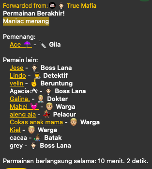 slanderoom's tweet photo. The Maniac single-handedly carried the game in True Mafia... 
Good game, well played, everyone!

MABEL @eplizabeth 
ACE @Ningningel 
VALEN @ofkyngsoo 
VELIN @awryujins https://t.co/rsoAdlEBuf