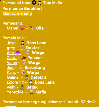 slanderoom's tweet photo. The Maniac single-handedly carried the game in True Mafia... 
Good game, well played, everyone!

MABEL @eplizabeth 
ACE @Ningningel 
VALEN @ofkyngsoo 
VELIN @awryujins https://t.co/rsoAdlEBuf
