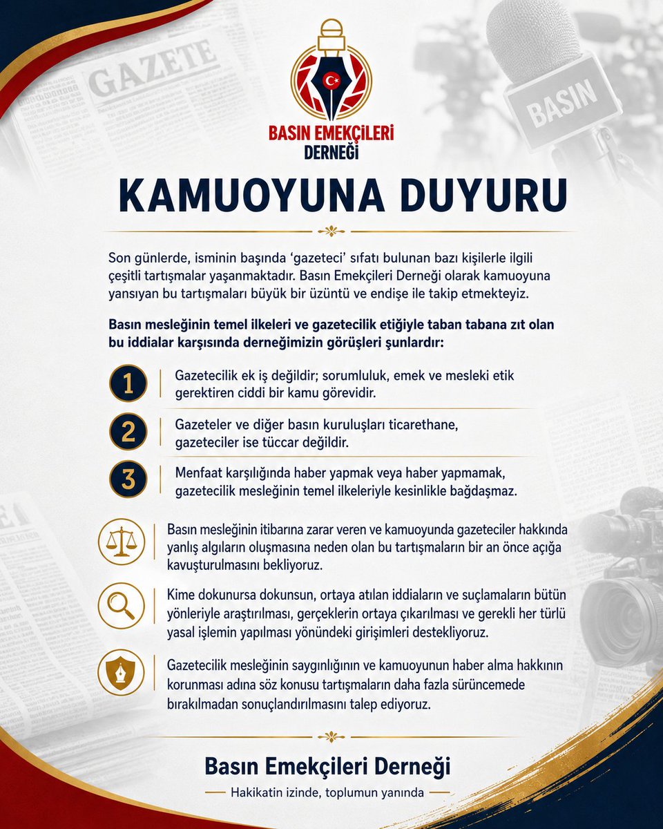 basinemekcileri's tweet photo. Gazetecilik; ek iş, ticaret veya menfaat aracı değildir. Menfaat karşılığında haber yapmak ya da yapmamak meslek etiğiyle bağdaşmaz. İddiaların tüm yönleriyle araştırılmasını ve sürecin gecikmeden sonuçlandırılmasını bekliyoruz.

Basın Emekçileri Derneği https://t.co/bU38roy1Rs
