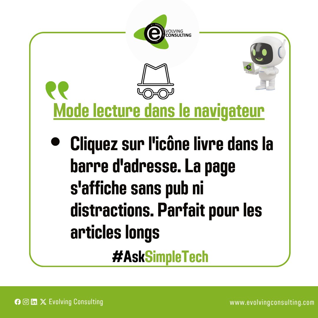 EvolvingCons's tweet photo. #SimpleTech
#RobotSavant
Bonjour, je suis #SimpleTech d' #EvolvingConsulting 🤖
💡Ma mission : Démystifier le digital pour tous
➡️Activez le Mode lecture (supprime les éléments superflus ) dans votre navigateur cette semaine ! 📖
📌SimpleTech by EvolvingConsulting
❓#AskMe https://t.co/5t3ZVKc2FU
