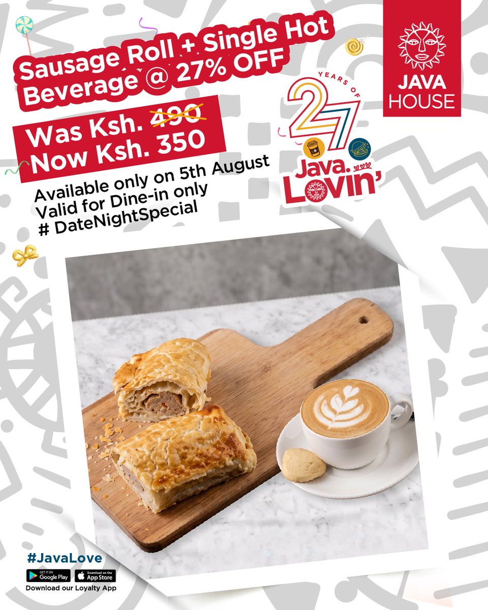 javahouseafrica's tweet photo. Good company tastes even better with a great deal.​ Enjoy 27% OFF our Sausage Roll + Single Hot Beverage this Wednesday from 4-6 pm. ​Perfect for your midweek catch-up. Valid for dine-in only ​ #DateNightSpecial #JavaLove #27YearsOfJavaLovin https://t.co/iBNJ7Gh1xI