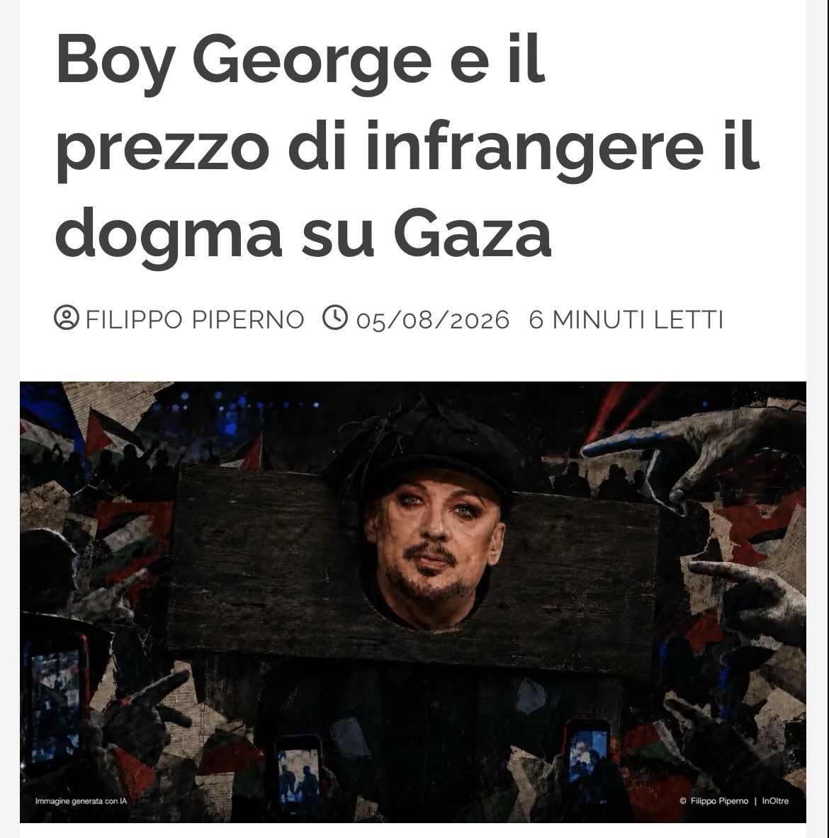 partigggiano's tweet photo. La rimozione della canzone di Boy George dedicata alle vittime del Nova Festival racconta un Occidente nel quale ricordare il 7 ottobre e negare che a Gaza sia avvenuto un genocidio è ormai sufficiente per essere espulsi dal perimetro della rispettabilità. Non serve più una censura esplicita: bastano il conformismo dell’ambiente culturale e il prezzo imposto a chi infrange il dogma.
Ne ho scritto su InOltre. Il link nel primo commento.
