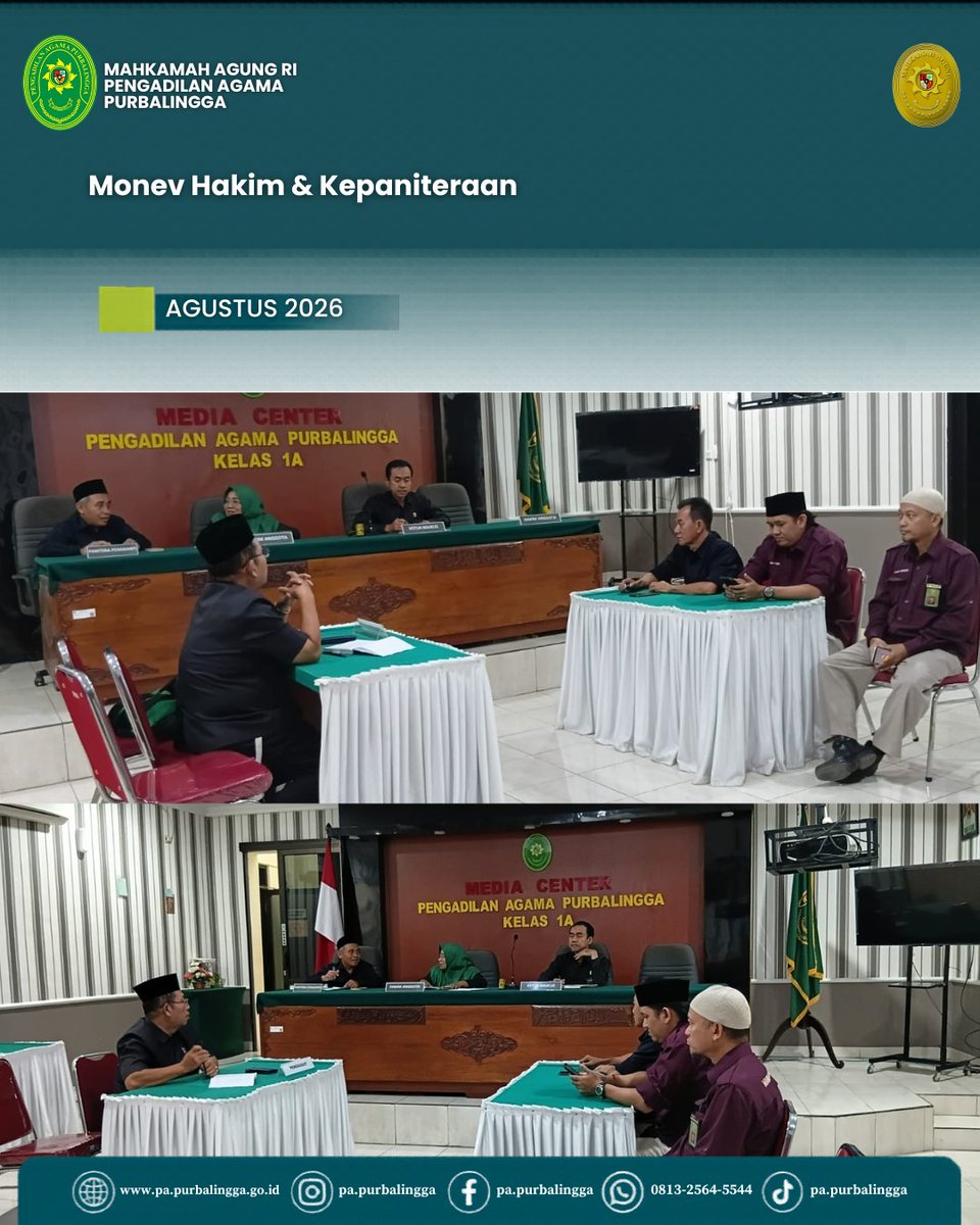 PAPurbalingga's tweet photo. Pada Rabu 05/08 Pukul 13.30 WIB Bertempat diruang Media Center, telah diselenggarakan rapat monitoring evaluasi kinerja Hakim dan Kepaniteraan PA Purbalingga https://t.co/bAi1esOlhi
