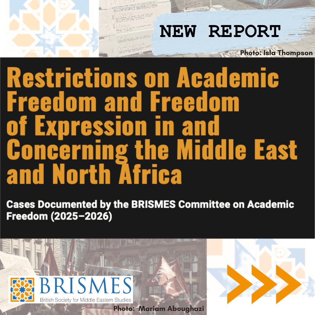 OfficialBrismes's tweet photo. 📢 BRISMES has published the first annual report of its Committee on #AcademicFreedom.
Drawing on 28 interventions, it documents threats to academic freedom, freedom of expression and the right to education across the UK, Europe and the MENA. (1/8)
👉 https://t.co/aeEpwXlOLT https://t.co/7g6ehyqpCh