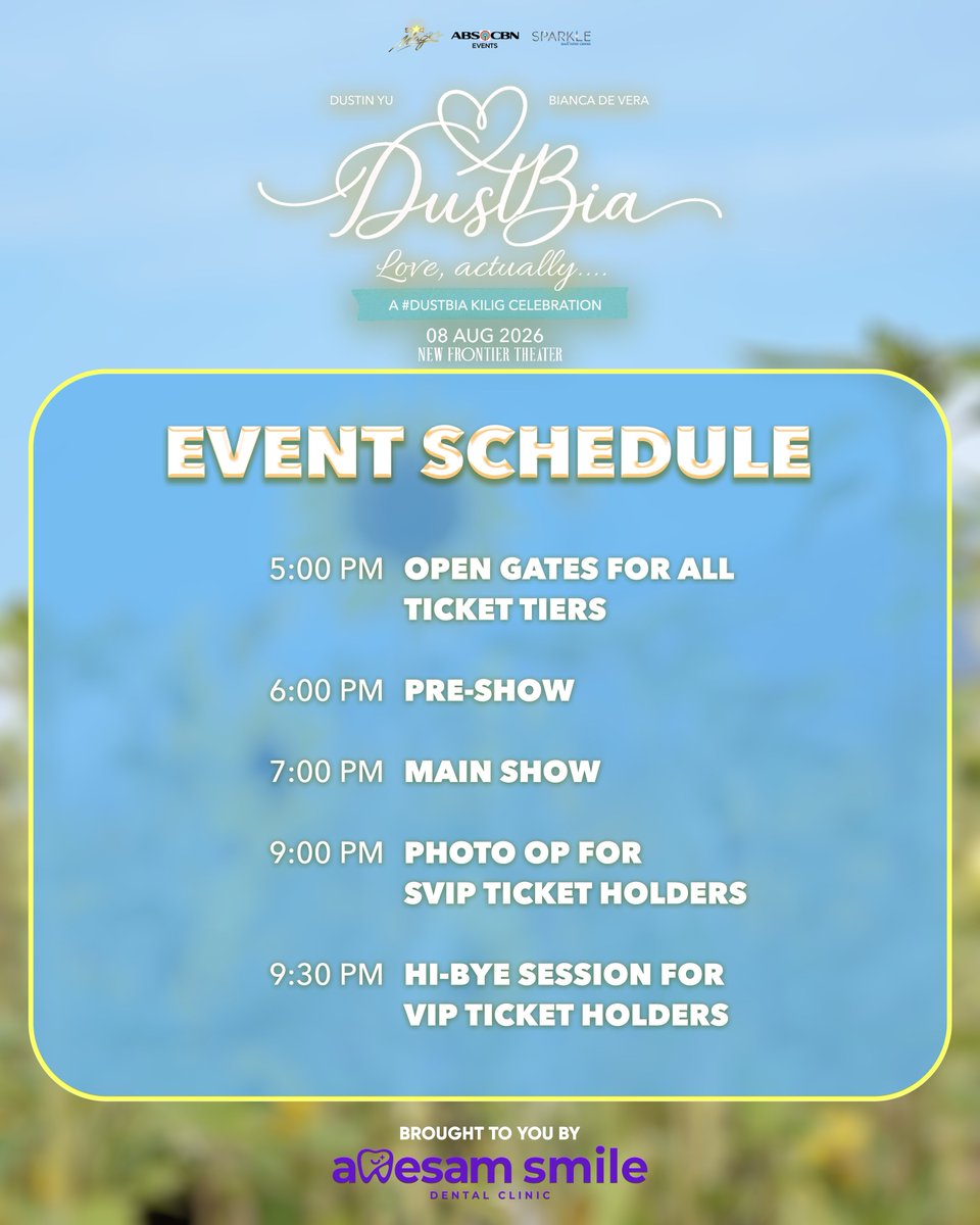 StarMusicPH's tweet photo. Tingin nga ng mga beautiful smiles, DustBia Nation? We're 3 days away til our Kilig Fan Concert celebration! 🥳💛

Plan your day ahead and be guided with these guidelines! ✨ See you on Saturday! 

FEW TICKETS LEFT‼️
BUY HERE: https://t.co/0k60pmFW98

#DustBia #ABSCBNEvents #DustBiaLoveActually