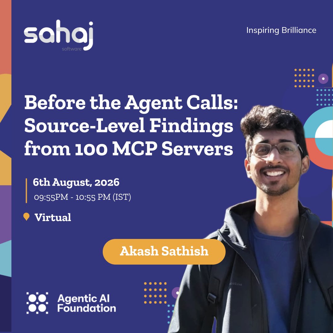 SahajSoftware's tweet photo. What if the vulnerability exists before the agent ever runs?

Join Akash Sathish from @SahajSoftware  at the MCP Community Event as he shares findings from auditing 100 MCP servers.
🔗https://t.co/vIUcSf9nwJ 

@AgenticAIFdn 

#MCP #AISecurity #SahajSoftware https://t.co/jf6Zbci0jd