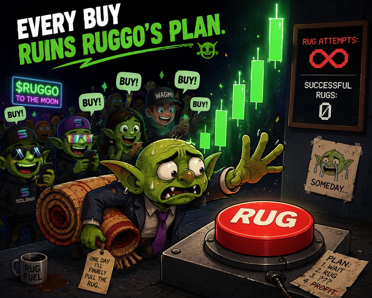 RuggoCoin's tweet photo. Ruggo woke up today with one goal:

"Today's definitely the day I pull the rug."

Community: buys the dip.

Ruggo: "..."

Another day.
Another failed rug.
Another accidental diamond hand. 🟢💎

#Solana #memecoin #RUGGO https://t.co/TMDxBo5nrd