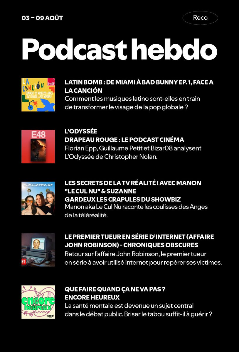 spotifyfrance's tweet photo. On écoute quoi cette semaine comme podcasts ?

🎤@franceinter
🎬 Drapeau rouge : le podcast cinéma x @bizar808
📺 Les Crapules du Showbiz
🛜 @Neoxi_
🧠@BingeAudiofr

À retrouver sur Spotify ➡️ https://t.co/EybgxVrw0s https://t.co/CTQxnsihnb