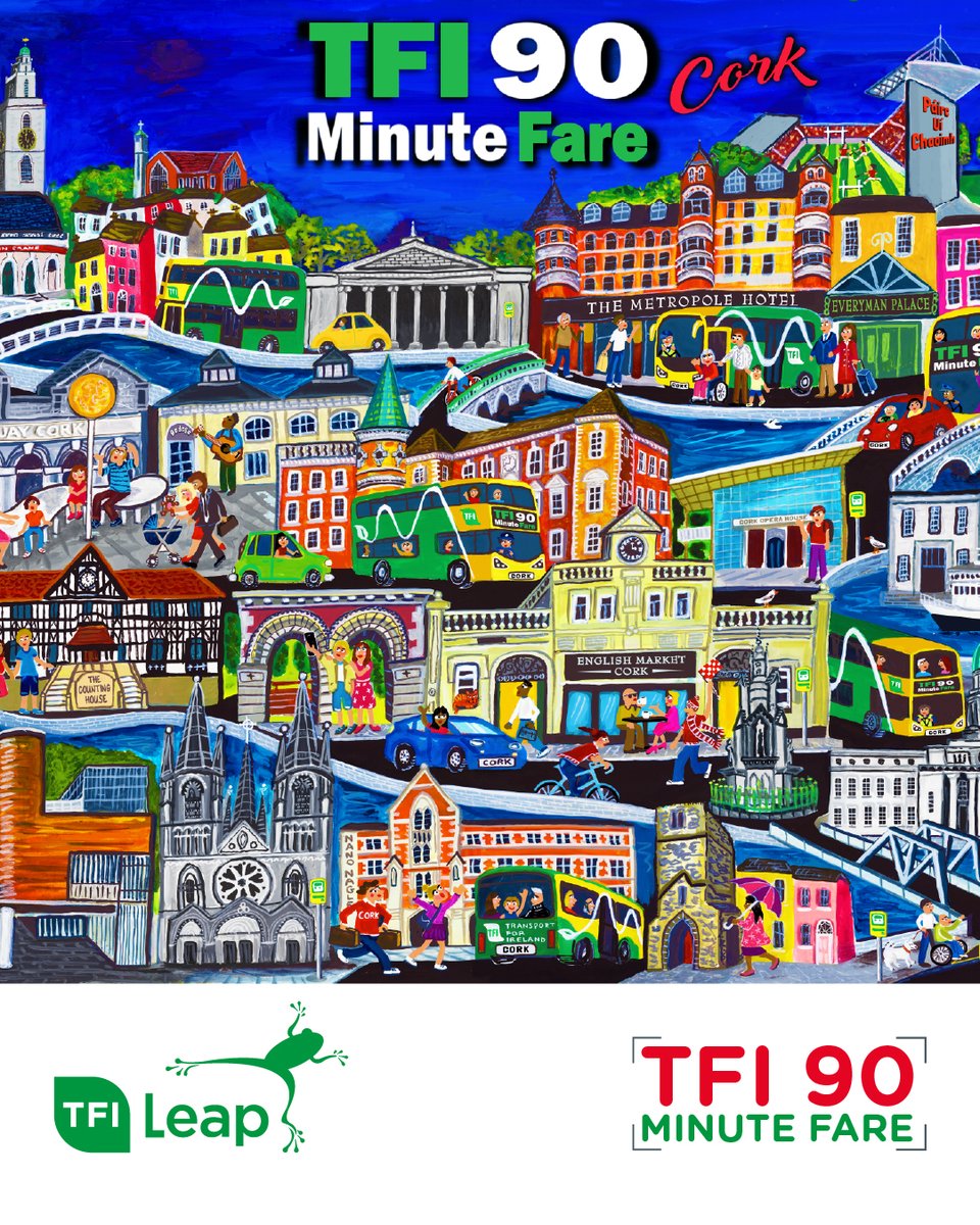 Buseireann's tweet photo. With the TFI 90 Minute Fare, you can travel on Cork City bus services for 90 minutes on a single fare, making it easier and more affordable to get around the city.
Find out more at https://t.co/m2UXvN9MnP
#CorkCity #BusEireann #LeapCard
Artwork by artist Simone Walsh https://t.co/TfgjL56Dkz