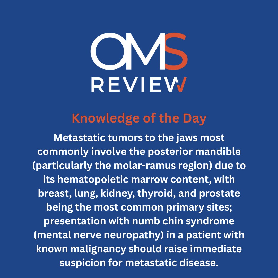 theomsreview's tweet photo. Metastatic tumors
#omsreview #oralsurgery #maxillofacialsurgery #dentistry #dentalresident #omseducation #omfseducation #craniofacialsurgery #surgicaleducation #medicaleducation #omsresidency #omfsresidency #oralsurgeon #oralmaxillofacialsurgeon #medicalstudent #resident https://t.co/J3UHtcfYIB