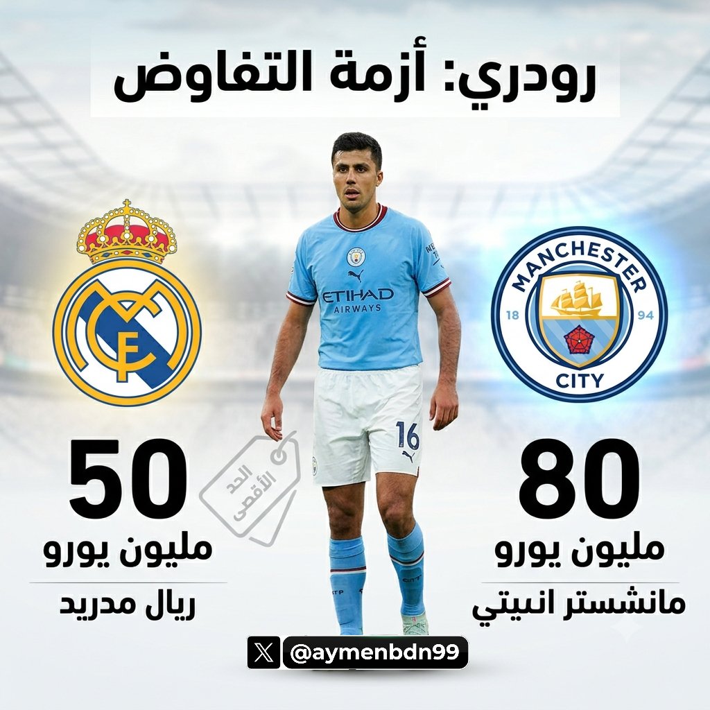 aymenbdn99's tweet photo. ريال مدريد يرفض عرض مانشستر سيتي بـ80 مليون يورو لرودري ويضع سقفاً عند 50 مليوناً فقط، وفق ما نقلته "فوت ميركاتو" عن كوبي.

الصفقة تبدو معقدة حالياً، وقد تحتاج إلى تنازلات كبيرة من الطرفين لتتحقق.

هل تعتقدون أن النادي الملكي سينجح في ضم رودري هذا الصيف؟

#ريال_مدريد #رودري https://t.co/roFh7agyK5