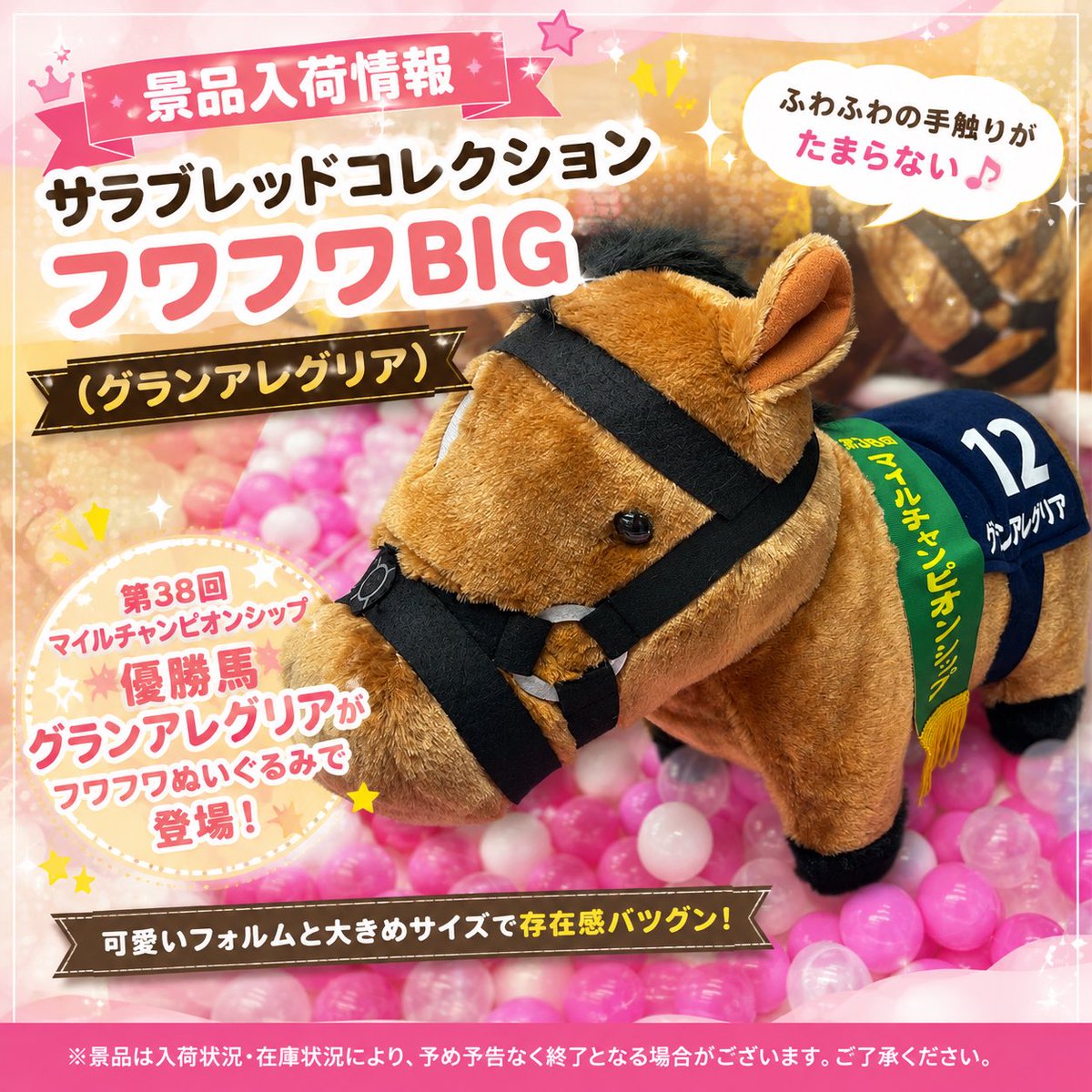 mg_murakami's tweet photo. 🐴✨景品入荷情報✨🐴

サラブレッドコレクション フワフワBIG（グランアレグリア） が入荷しました！
　　
景品は入荷状況・在庫状況により予め予告なく終了となる場合がございます。ご了承ください。

#サラブレッドコレクション #グランアレグリア #競馬 #村上プラザ　#megaget村上 https://t.co/R3zP1IIt3f