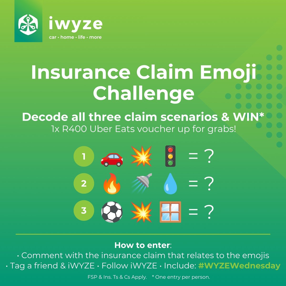 iwyze's tweet photo. It's time for the #WYZEWednesday Challenge!

Crack all 3 codes for a chance to WIN* a R400 Uber Eats voucher! 

To enter:
✅ Comment with your answer and #WYZEWednesday 💚
✅ Tag a friend 
✅ Follow iWYZE

Ts &amp; Cs: https://t.co/iqRmUGUiqw
Learn more: https://t.co/sXD9zl2Ejo https://t.co/eqWs2xrxVS