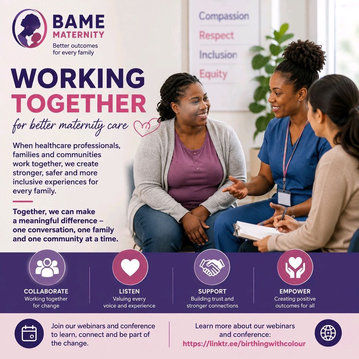 BAMEMaternity's tweet photo. 🤝 Better maternity care starts with collaboration.
Together, healthcare professionals, families and communities can help create positive experiences for every family.
Learn more: https://t.co/aJ1gc7RYDC
#BAMEMaternity #InclusiveCare https://t.co/ZTBIiD0ZJ6